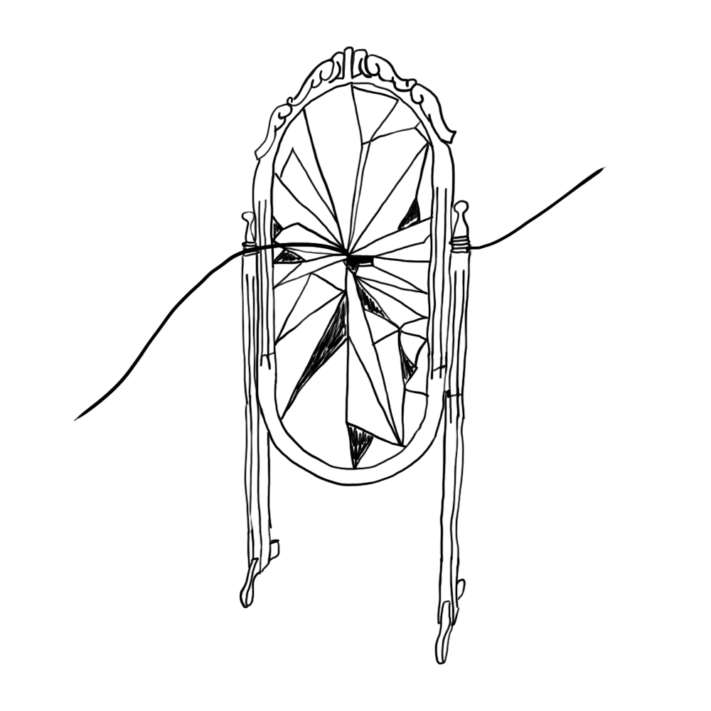 espelho antigo quebrado com linha atravessando-o pelo centro