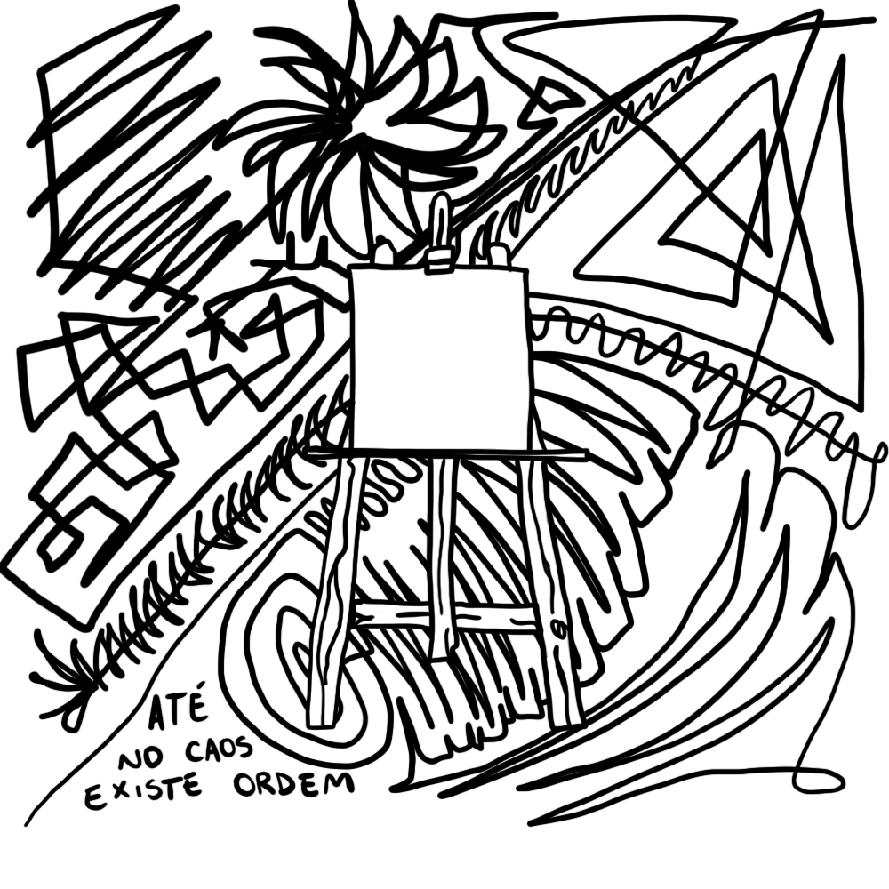 ambiente rabiscado, com traços com um quadro branco vazio no meio