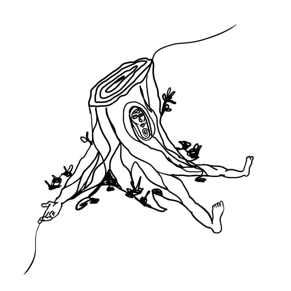 um toco de árvore cortada, em que saem pernas braços e um rosto do tronco