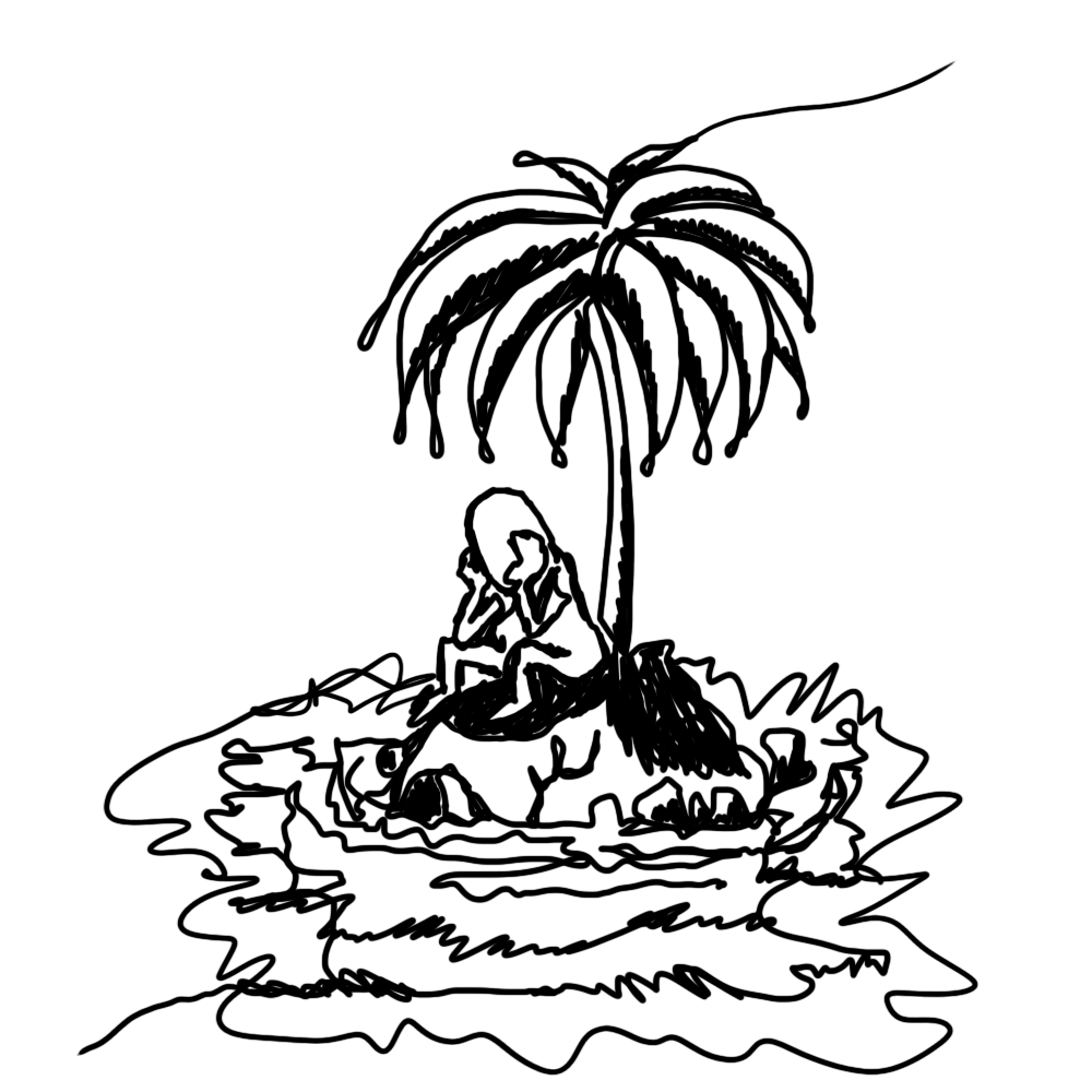 um homem chorando em uma ilha debaixo de um coqueiro