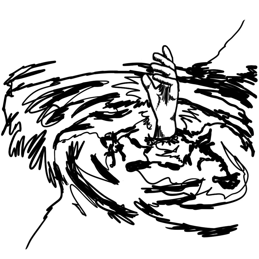 alguém se afogando, com apenas a mão tentando alcançar algo fora d’água, sem sucesso