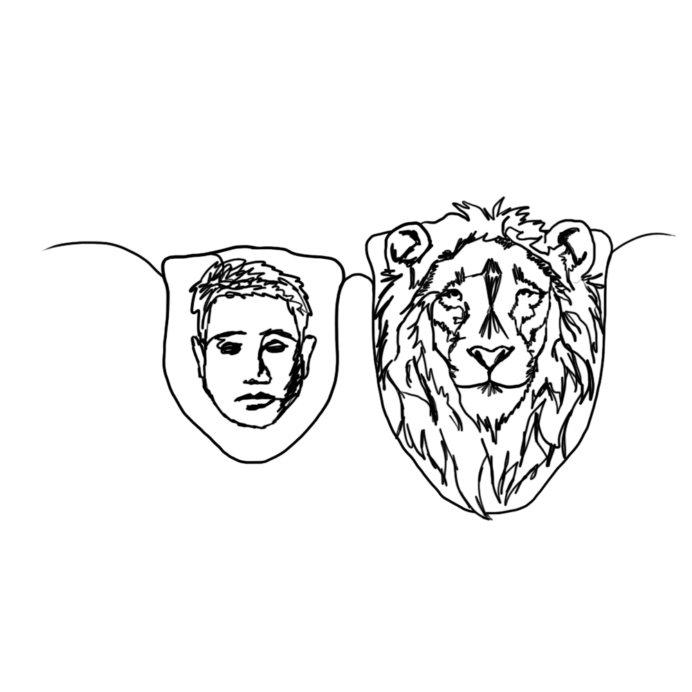 a cabeça de um leão pendurada na parede, como troféu. Ao lado, a mesma coisa, só que com a cabeça de um homem